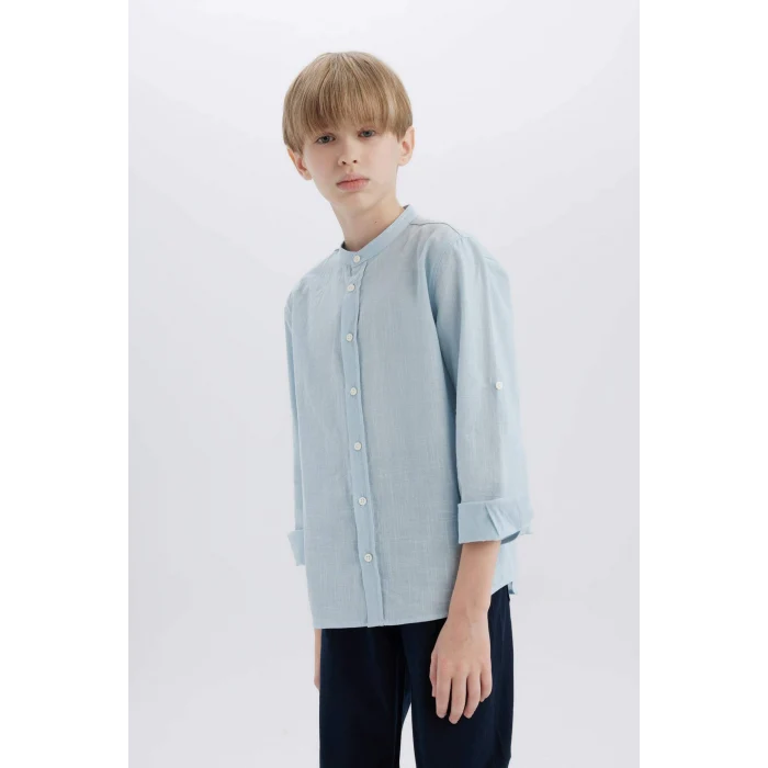 Defacto Z1035 Mavi Erkek Çocuk 23 Nisan Çocuk Bayramı Dik Yaka Keten Görünümlü Uzun Kollu Basic Düz Gömlek
