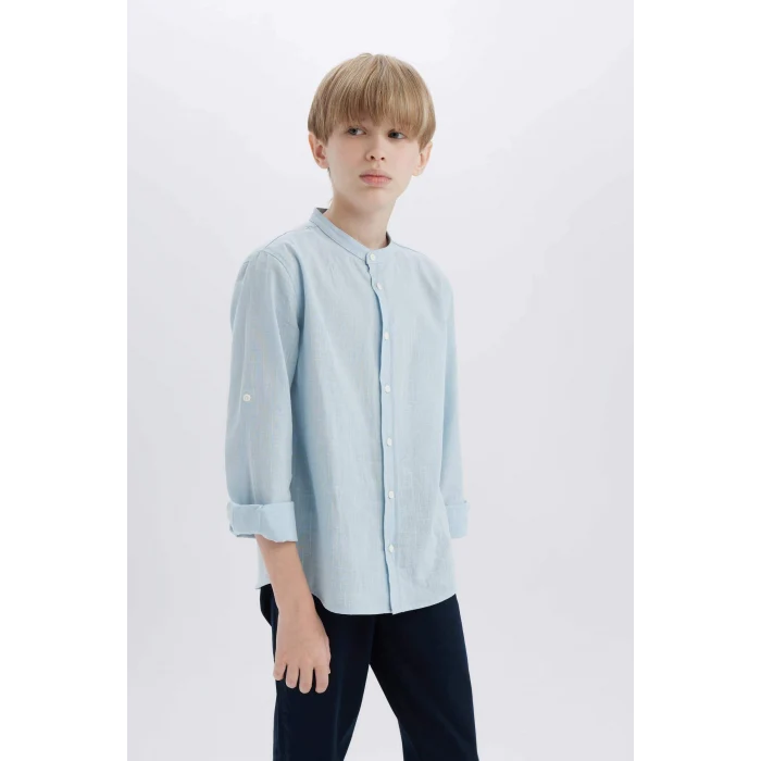 Defacto Z1035 Mavi Erkek Çocuk 23 Nisan Çocuk Bayramı Dik Yaka Keten Görünümlü Uzun Kollu Basic Düz Gömlek