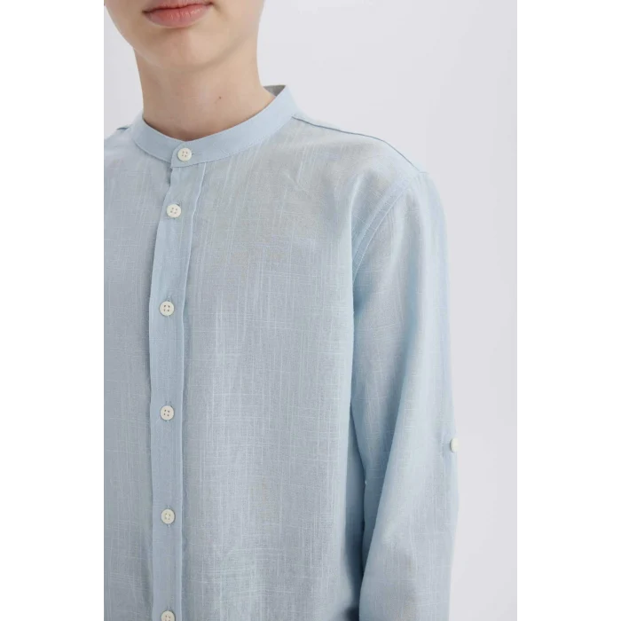 Defacto Z1035 Mavi Erkek Çocuk 23 Nisan Çocuk Bayramı Dik Yaka Keten Görünümlü Uzun Kollu Basic Düz Gömlek