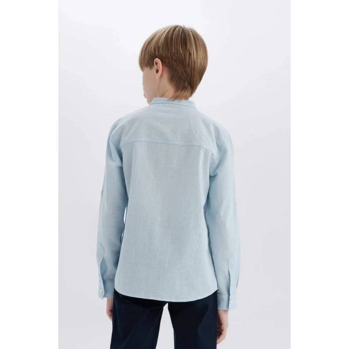 Defacto Z1035 Mavi Erkek Çocuk 23 Nisan Çocuk Bayramı Dik Yaka Keten Görünümlü Uzun Kollu Basic Düz Gömlek
