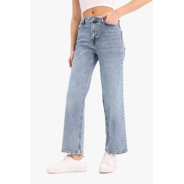 Defacto D8155 Mavi Comfort Straight Yüksek Bel Bilek Boy Jean Yıkamalı Pantolon