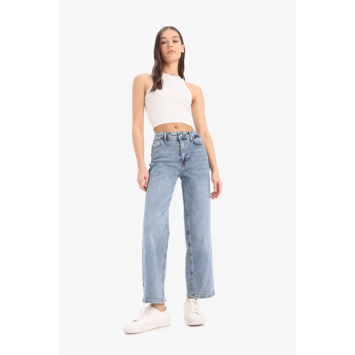 Defacto D8155 Mavi Comfort Straight Yüksek Bel Bilek Boy Jean Yıkamalı Pantolon