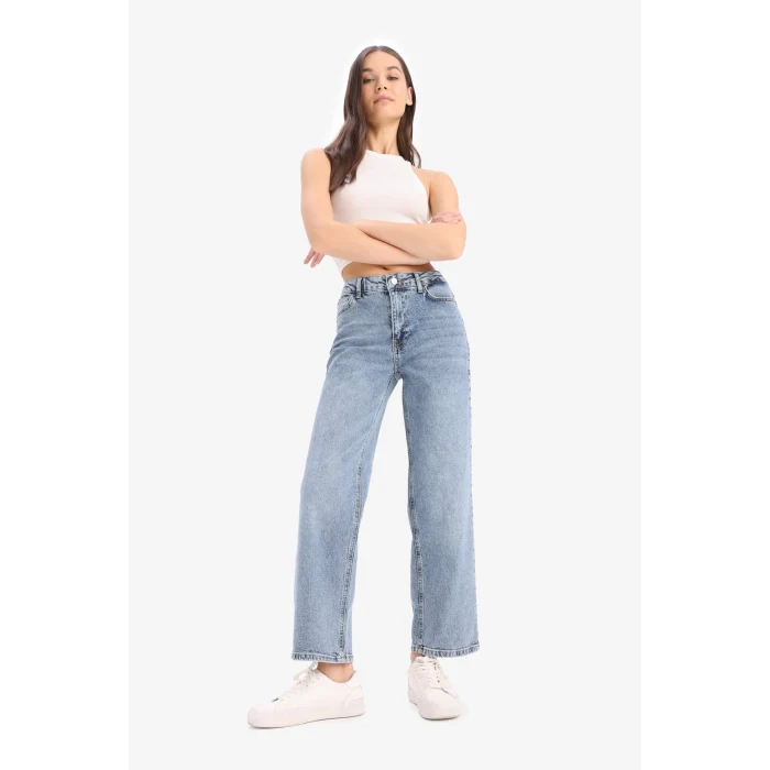 Defacto D8155 Mavi Comfort Straight Yüksek Bel Bilek Boy Jean Yıkamalı Pantolon