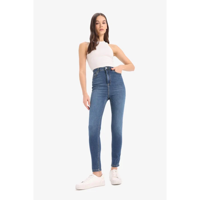 Defacto D8177 Mavi Anna Skinny Fit Yüksek Bel Düz Paça Uzun Jean Taş Yıkama Pantolon