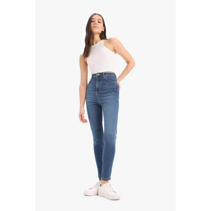 Defacto D8177 Mavi Anna Skinny Fit Yüksek Bel Düz Paça Uzun Jean Taş Yıkama Pantolon