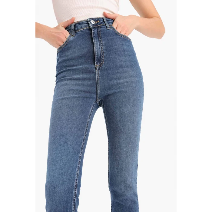 Defacto D8177 Mavi Anna Skinny Fit Yüksek Bel Düz Paça Uzun Jean Taş Yıkama Pantolon