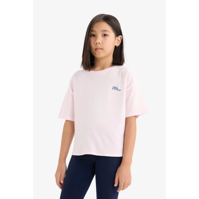 Defacto E3816 Pembe Kız Çocuk 2li Takım Baskılı Kısa Kollu Tişört Uzun Tayt