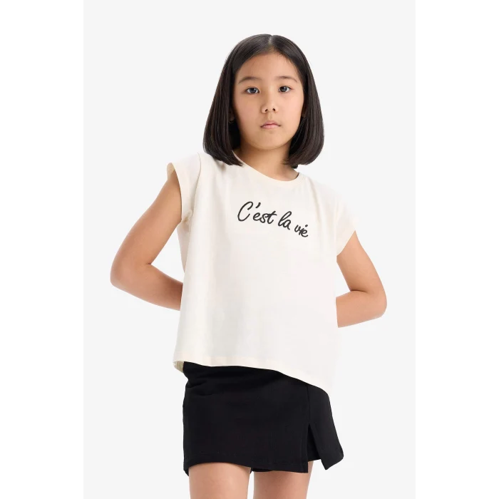 Defacto E1260 Bej Kız Çocuk 2li Takım Baskılı Kolsuz Tişört Şort Etek