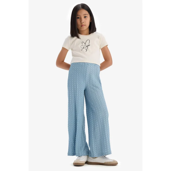 Defacto C3814 Ekru Kız Çocuk Fitilli Kaşkorse 2li Takım Baskılı Kısa Kollu Tişört Geniş Bol Paça Pantolon