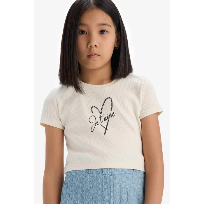 Defacto C3814 Ekru Kız Çocuk Fitilli Kaşkorse 2li Takım Baskılı Kısa Kollu Tişört Geniş Bol Paça Pantolon