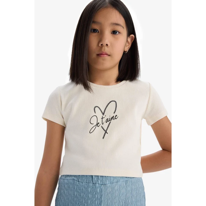 Defacto C3814 Ekru Kız Çocuk Fitilli Kaşkorse 2li Takım Baskılı Kısa Kollu Tişört Geniş Bol Paça Pantolon