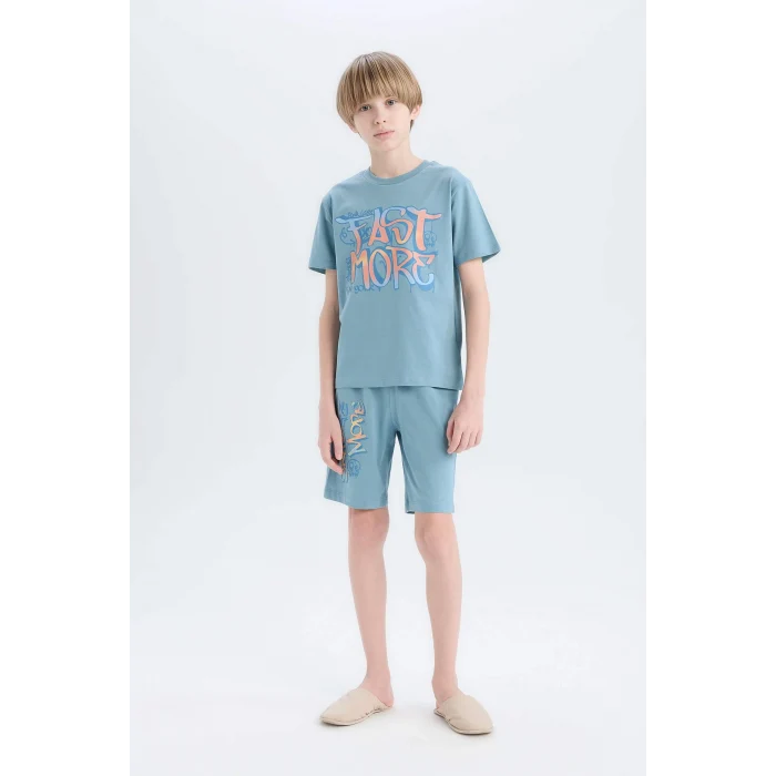 Defacto E0157 Mavi Erkek Çocuk Pijama Takımı Baskılı Kısa Kollu Üst Şort