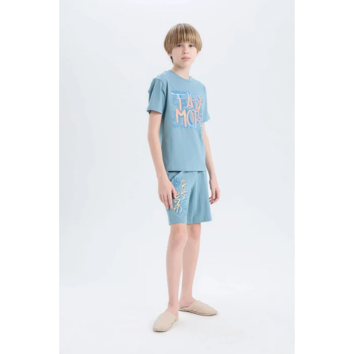 Defacto E0157 Mavi Erkek Çocuk Pijama Takımı Baskılı Kısa Kollu Üst Şort