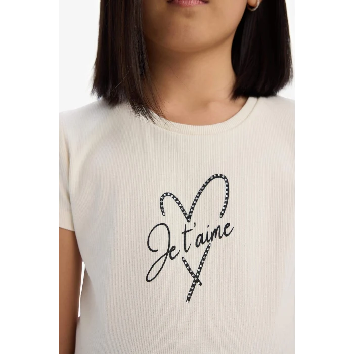 Defacto C3814 Ekru Kız Çocuk Fitilli Kaşkorse 2li Takım Baskılı Kısa Kollu Tişört Geniş Bol Paça Pantolon