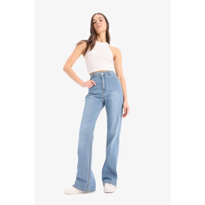 Defacto D7974 Mavi Slim Flare Yüksek Bel Düz Paça Uzun Jean Pantolon