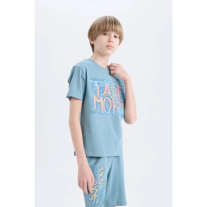 Defacto E0157 Mavi Erkek Çocuk Pijama Takımı Baskılı Kısa Kollu Üst Şort