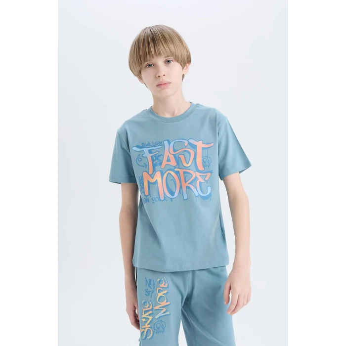 Defacto E0157 Mavi Erkek Çocuk Pijama Takımı Baskılı Kısa Kollu Üst Şort