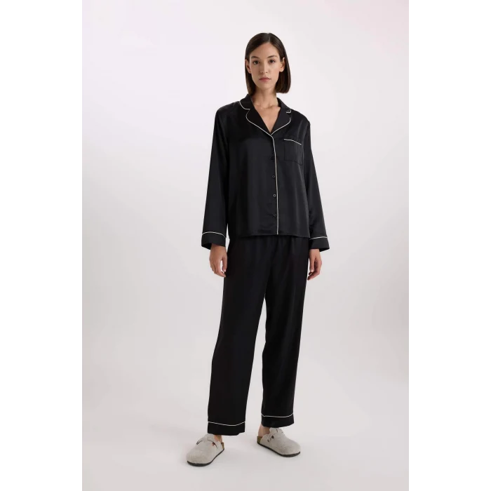 Defacto C9444 Siyah Fall in Love Pijama Takımı Saten Uzun Kollu Pijama Üstü Uzun Esnek Belil Pijama Altı