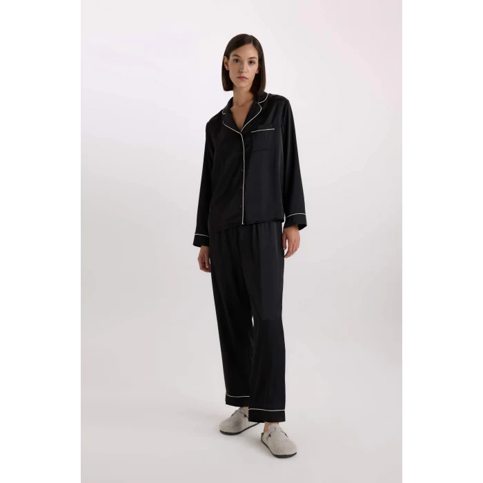 Defacto C9444 Siyah Fall in Love Pijama Takımı Saten Uzun Kollu Pijama Üstü Uzun Esnek Belil Pijama Altı