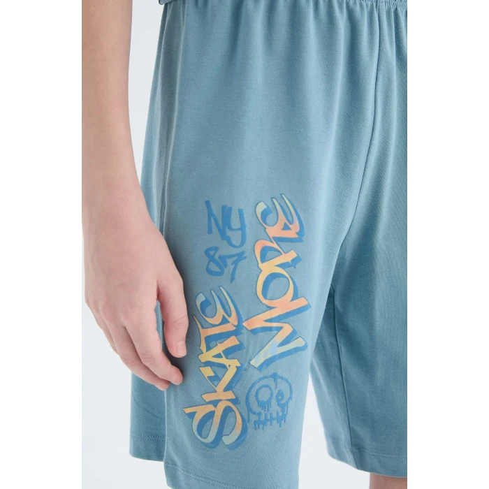 Defacto E0157 Mavi Erkek Çocuk Pijama Takımı Baskılı Kısa Kollu Üst Şort