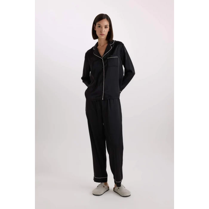 Defacto C9444 Siyah Fall in Love Pijama Takımı Saten Uzun Kollu Pijama Üstü Uzun Esnek Belil Pijama Altı