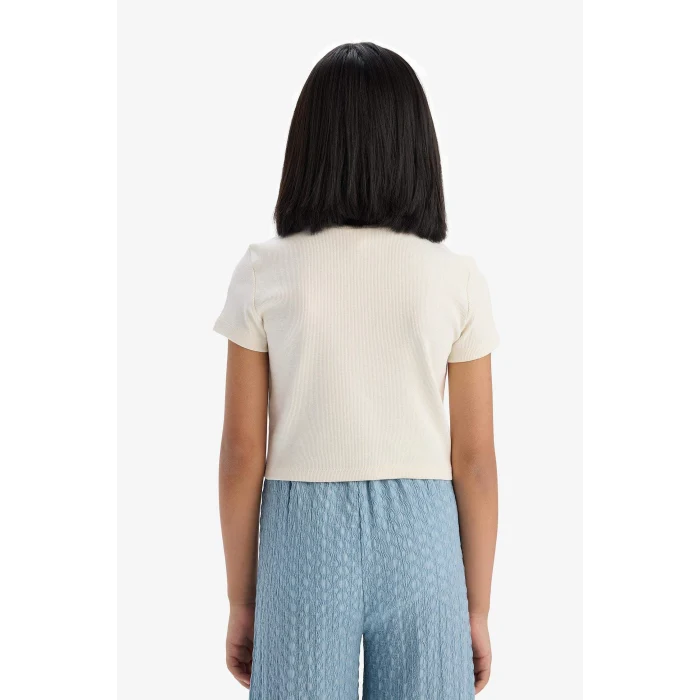 Defacto C3814 Ekru Kız Çocuk Fitilli Kaşkorse 2li Takım Baskılı Kısa Kollu Tişört Geniş Bol Paça Pantolon