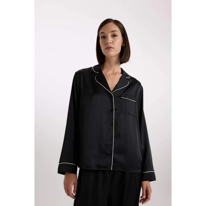 Defacto C9444 Siyah Fall in Love Pijama Takımı Saten Uzun Kollu Pijama Üstü Uzun Esnek Belil Pijama Altı