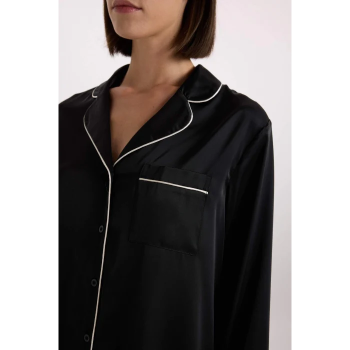 Defacto C9444 Siyah Fall in Love Pijama Takımı Saten Uzun Kollu Pijama Üstü Uzun Esnek Belil Pijama Altı