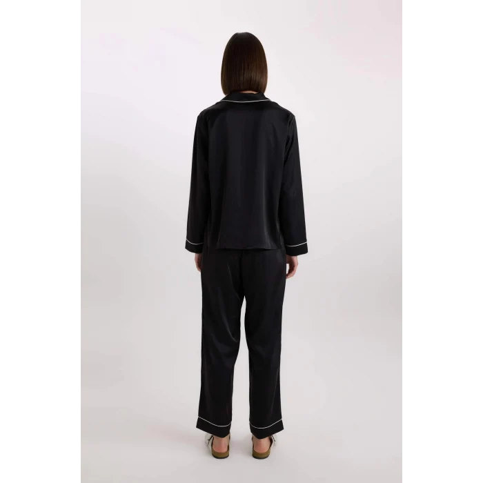 Defacto C9444 Siyah Fall in Love Pijama Takımı Saten Uzun Kollu Pijama Üstü Uzun Esnek Belil Pijama Altı