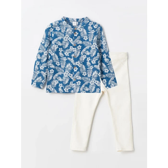 LCW baby MAVİ Hakim Yaka Uzun Kol Baskılı Erkek Bebek Gömlek ve Pantolon 2li