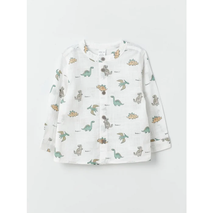 LCW baby EKRU Baskılı Uzun Kollu Erkek Bebek Gömlek ve Pantolon 2li Takım