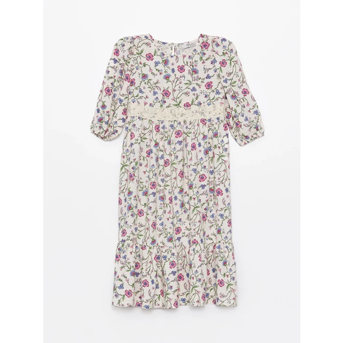 LCW Kids EKRU Bisiklet Yaka Çiçekli Kız Çocuk Elbise