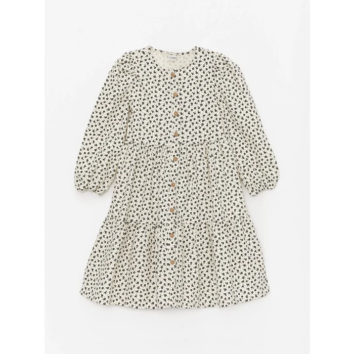LCW Kids EKRU Bisiklet Yaka Çiçekli Kız Çocuk Elbise