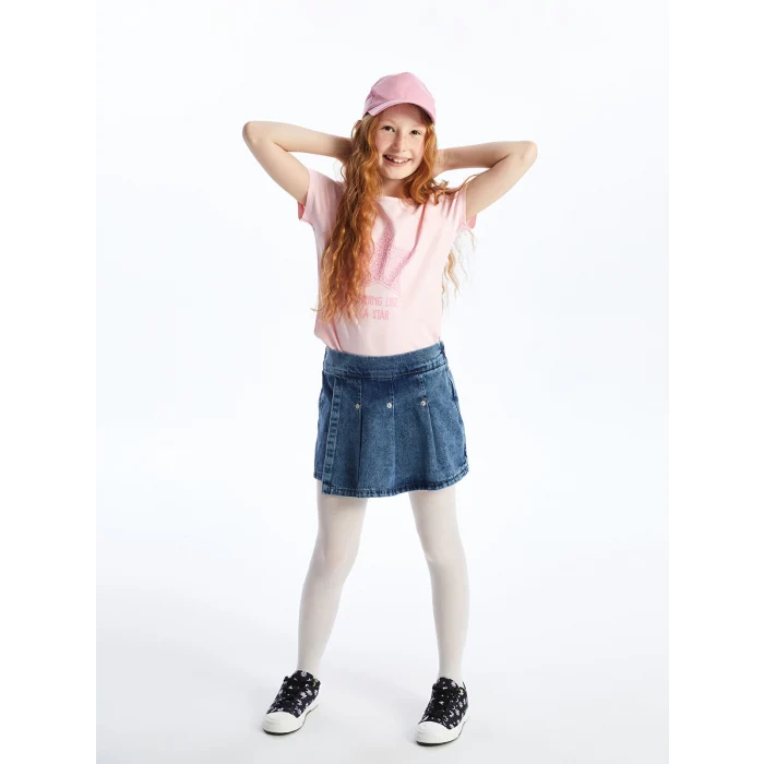LCW Kids MAVİ Beli Lastikli Kız Çocuk Jean Şort Etek