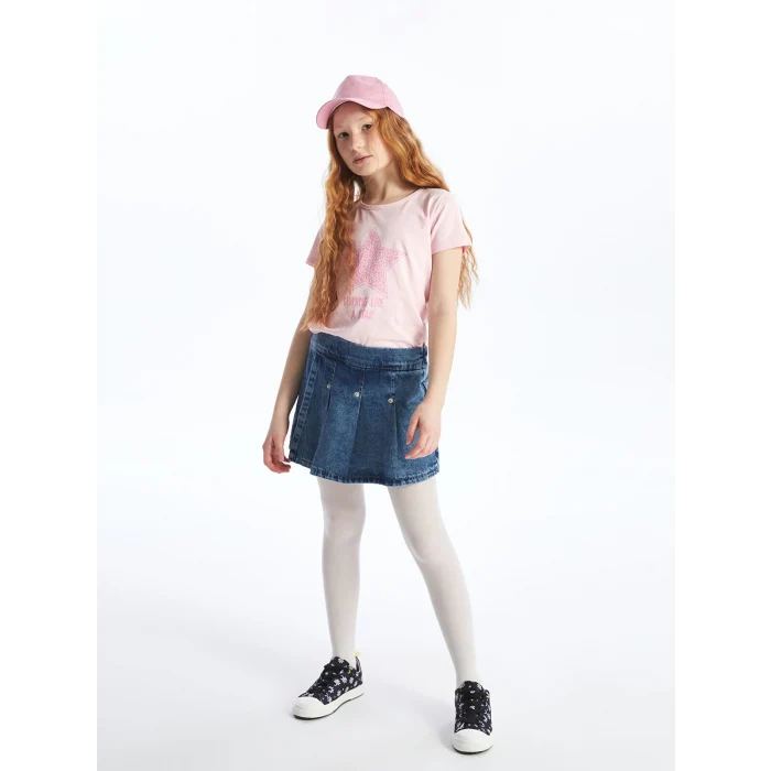LCW Kids MAVİ Beli Lastikli Kız Çocuk Jean Şort Etek