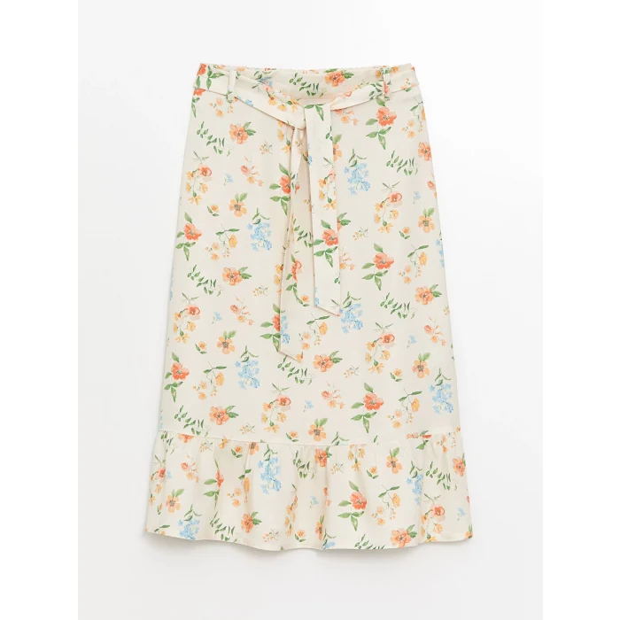 LCW Kids EKRU Beli Lastikli Çiçekli Kız Çocuk Etek