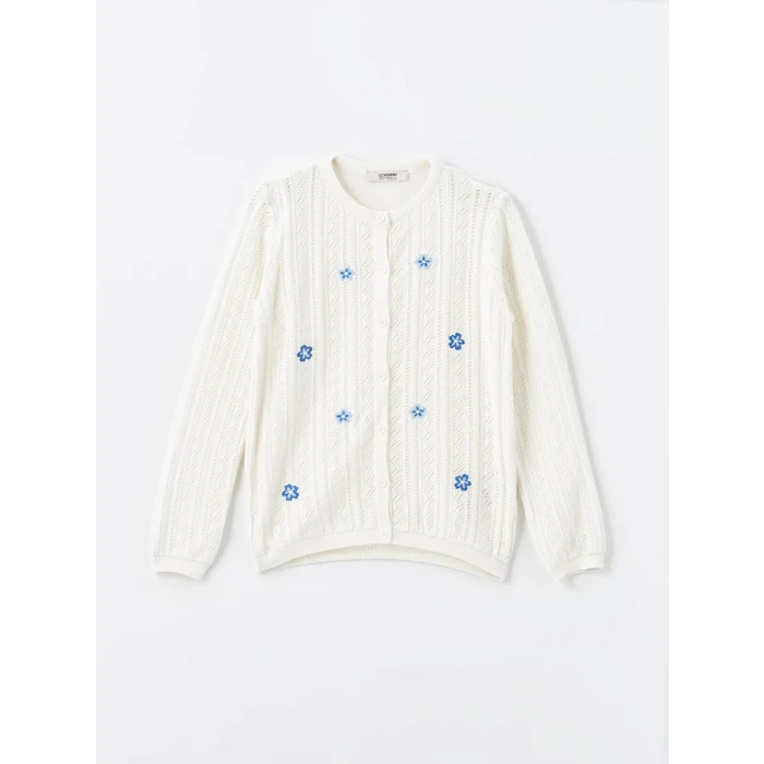 LCW Kids EKRU Bisiklet Yaka Çiçek Nakışlı Kız Çocuk Triko Hırka