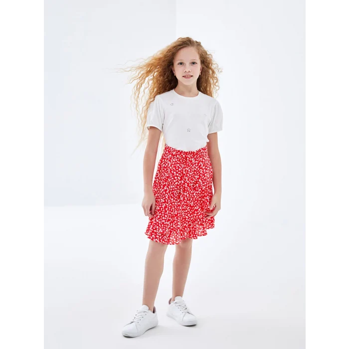 LCW Kids KIRMIZI Beli Lastikli Çiçekli Kız Çocuk Etek