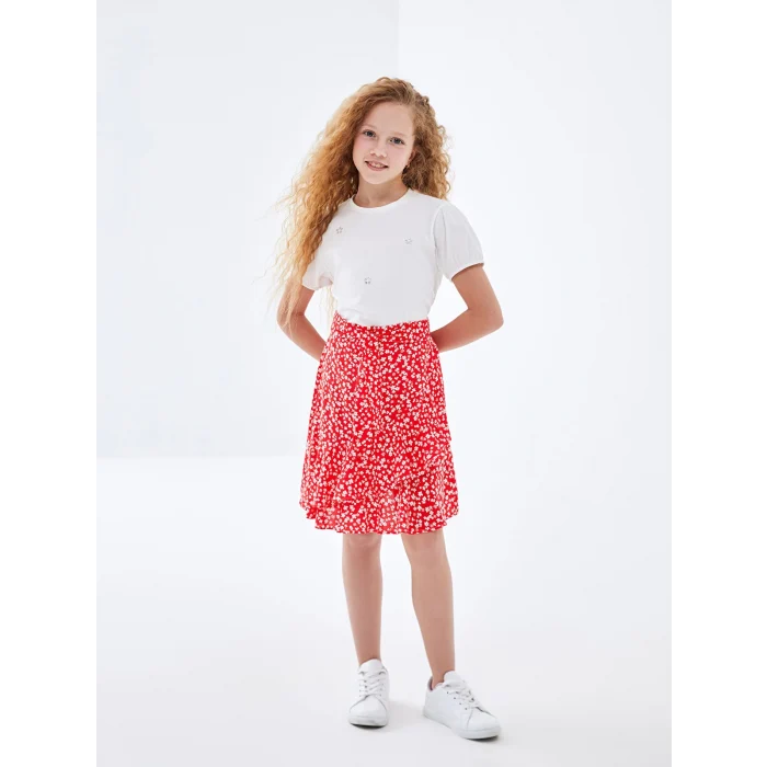 LCW Kids KIRMIZI Beli Lastikli Çiçekli Kız Çocuk Etek