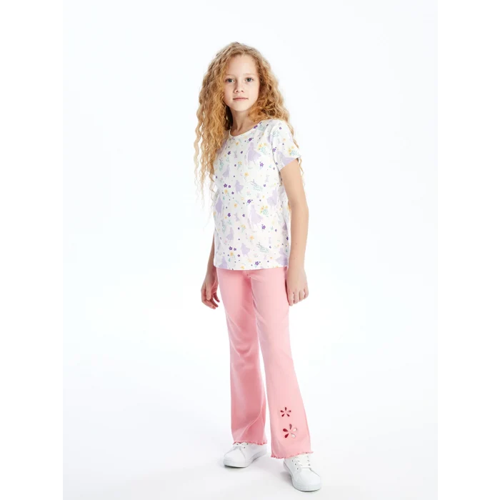 LCW Kids PEMBE Beli Lastikli Çiçekli İspanyol Paça Kız Çocuk Tayt