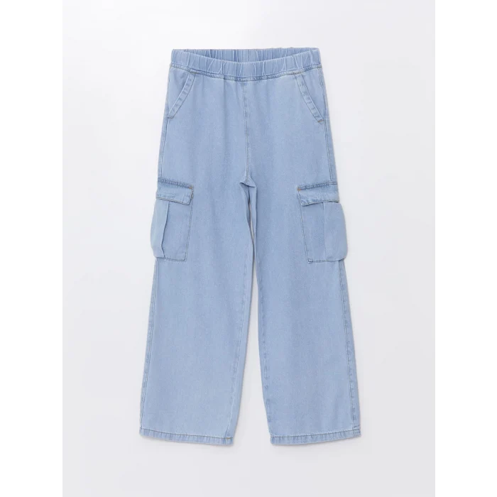 LCW Kids İNDİGO Beli Lastikli Wideleg Kız Çocuk Kargo Jean Pantolon