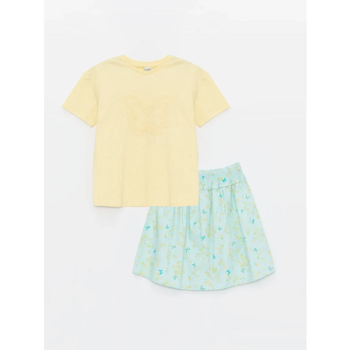 LCW Kids SARI Bisiklet Yaka Kız Çocuk Tişört ve Etek