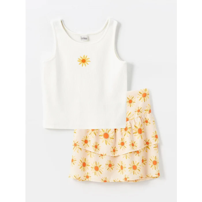 LCW Kids EKRU Bisiklet Yaka Baskılı Kız Çocuk Atlet ve Etek