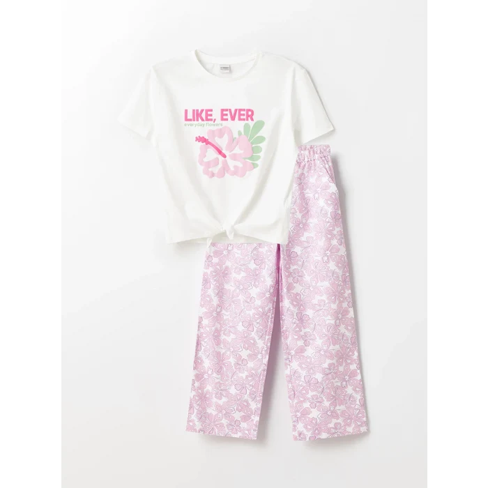 LCW Kids EKRU Bisiklet Yaka Baskılı Kısa Kollu Kız Çocuk Tişört ve Pantolon