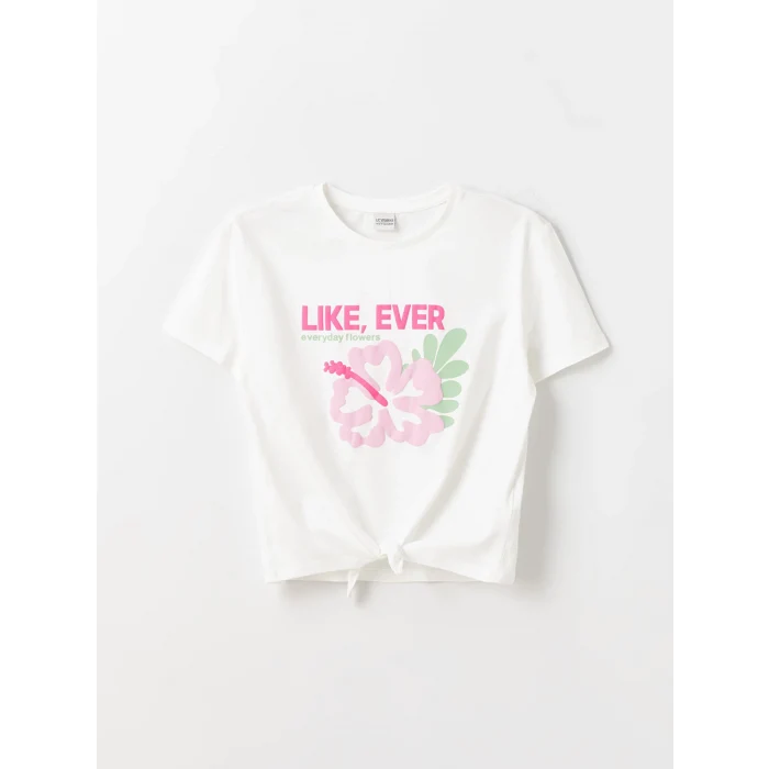 LCW Kids EKRU Bisiklet Yaka Baskılı Kısa Kollu Kız Çocuk Tişört ve Pantolon