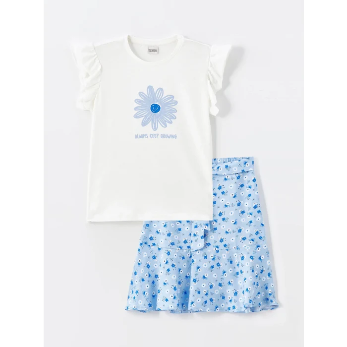 LCW Kids EKRU Bisiklet Yaka Çiçekli Kısa Kollu Kız Çocuk Tişört ve Etek