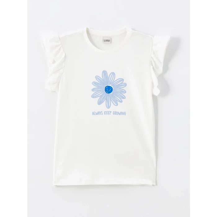 LCW Kids EKRU Bisiklet Yaka Çiçekli Kısa Kollu Kız Çocuk Tişört ve Etek