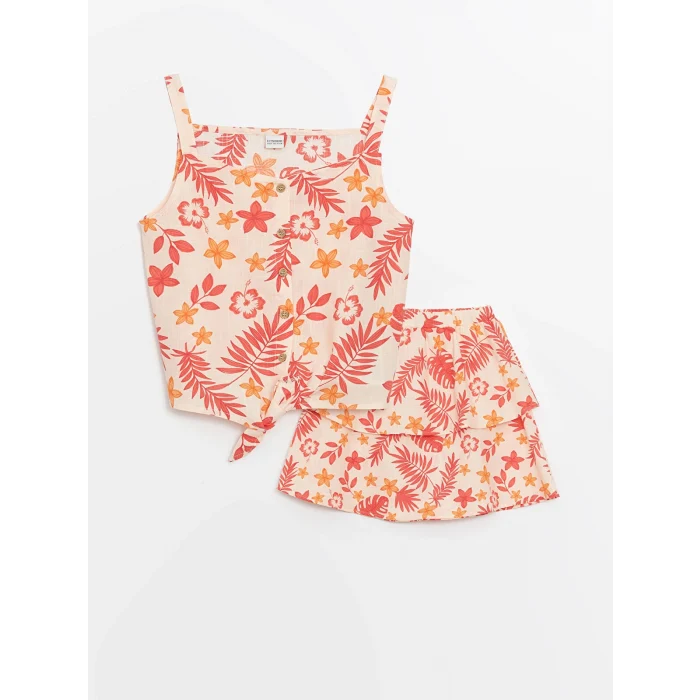 LCW Kids MERCAN Kare Yaka Çiçekli Kız Çocuk Bluz ve Etek