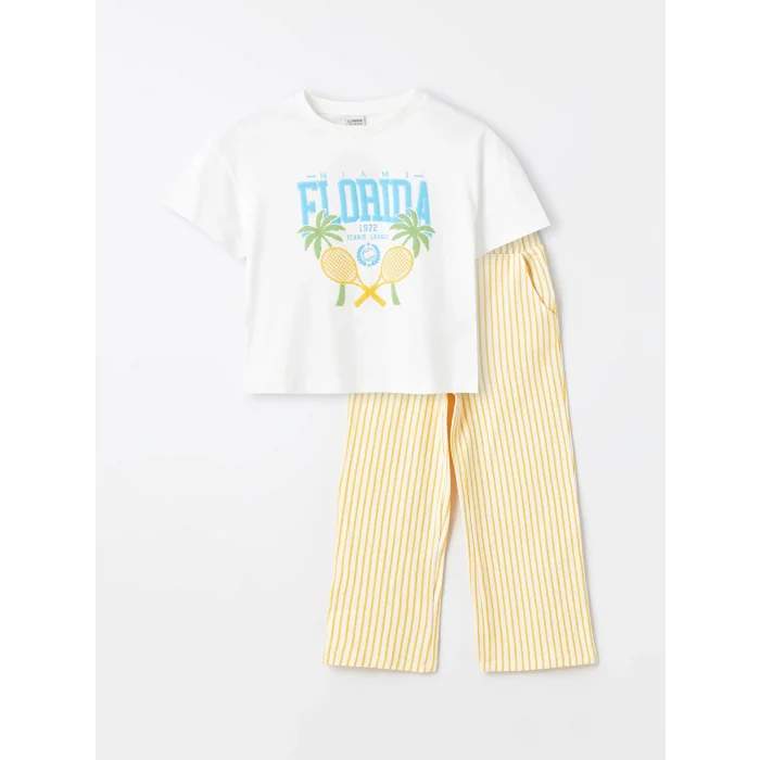 LCW Kids EKRU Bisiklet Yaka Baskılı Kısa Kollu Kız Çocuk Tişört ve Pantolon