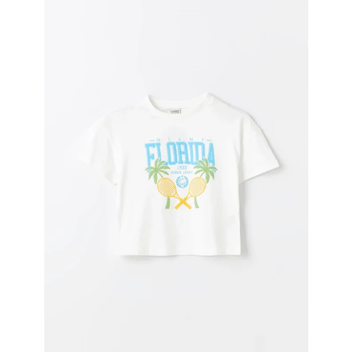 LCW Kids EKRU Bisiklet Yaka Baskılı Kısa Kollu Kız Çocuk Tişört ve Pantolon